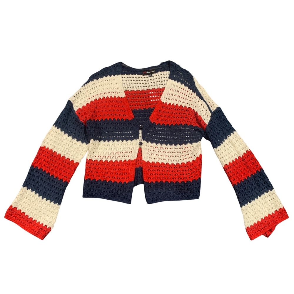 33 Degrees Crochet Knit‎ Striped Cardigan Large Red White Blue Bell Sleeve Crop